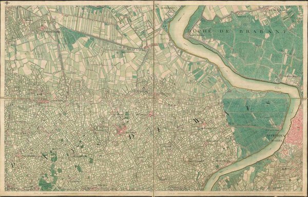 Museumkwaliteit reproductie van de oude kaart Antwerpen 1777, het handgetekende blad met de stad aan de Schelde.