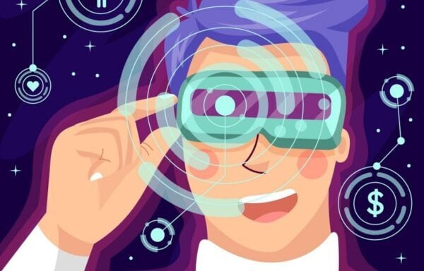 Dibujo futurista de una persona con un dispositivo VR