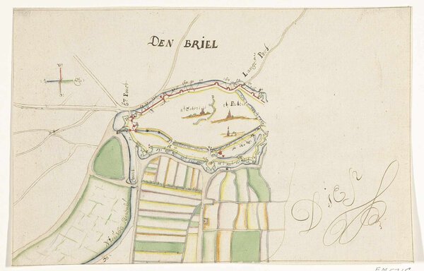 Museumkwaliteit reproductie van de oude kaart Brielle 1675, een getekend plan van Den Briel met grachten en stadspoorten.