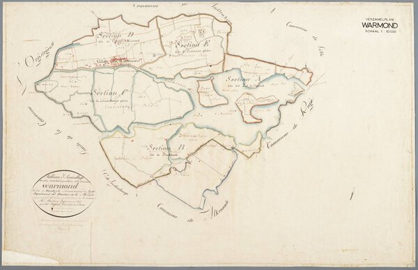Museumkwaliteit reproductie van de oude kaart Warmond 1811-1832, een handgetekend verzamelplan uit het eerste kadaster.