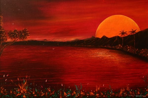 Fiery lake at dusk
