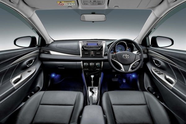 Toyota Vios 1.5G with black interior and blue front foot illumination