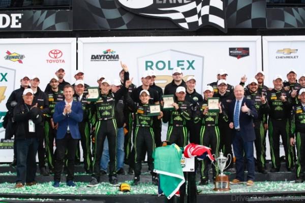 The Honda-powered ESM team celebrates in Victory Lane at Daytona International Speedway