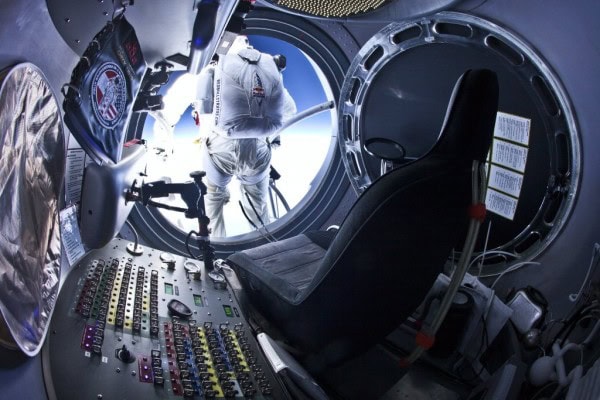 Pilot Felix Baumgartner of Austria steps out from the capsule during the second manned test flight for Red Bull Stratos in Roswell, New Mexico, USA on July 25, 2012. Red Bull Stratos is a mission to the edge of space to an altitude of 37.000 meters to break several records including the sound of speed in freefall. // Jay Nemeth/Red Bull Content Pool // P-20120725-00224 // Usage for editorial use only // Please go to www.redbullcontentpool.com for further information. //