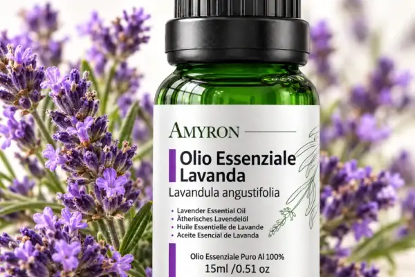 Macro della bottiglia di olio essenziale di lavanda AMYRON circondata da fiori viola