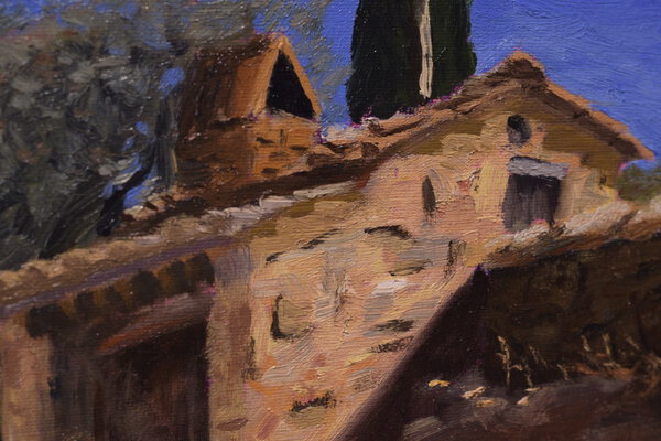 Detail of Tuscan Oven plein air oil painting, traditional stone oven from tuscany, showing expressive brushwork. Warm summer light hitting old tuscan architecture embedded in cypress tree background