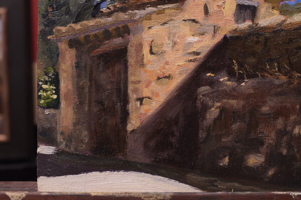 Detail of Tuscan Oven plein air oil painting, traditional stone oven from tuscany, showing expressive brushwork. Warm summer light hitting old tuscan architecture embedded in cypress tree background with deep contrasting shadow and light