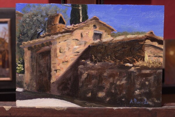 Tuscan Oven plein air oil painting, traditional stone oven from tuscany. Yellows, reds, ochres, warm earth colors