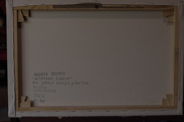 Signed reverse of the Instantánea, Biarritz oil study by Andrea Bocedi