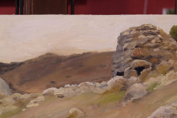 Detail of Nuracu d’Izzana, original oil painting, 20 × 40 cm. Painted in the studio from the artist’s own photographs and direct experience of the Gallura landscape.
