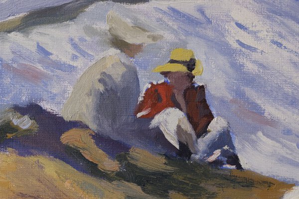 Seated beach figures detail from an oil study after Sorolla’s Instantánea, Biarritz