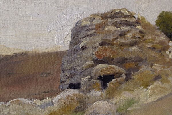Close-up of the granite stone texture and dark entrances in the Nuraghe Izzana oil painting