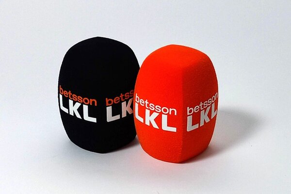 LKL betsson Lithuanian radio branded studio microphone windshields with black and red foam and white-orange logo