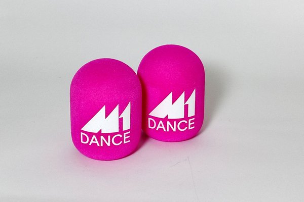 M1 DANCE Lithuanian radio branded studio microphone windshields with pink cylindrical foam and white logo