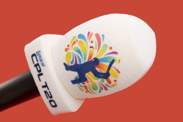 Limacol CPL T20 cricket tournament branded microphone windshield with colorful batsman graphic, professional sports broadcast windscreen
