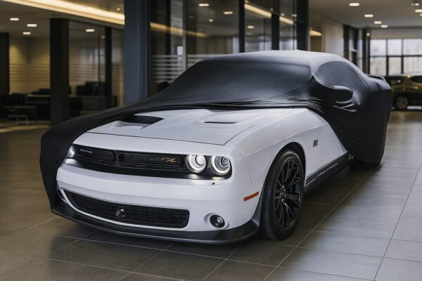 Pokrowiec na samochód Dodge Challenger w salonie samochodowym.
