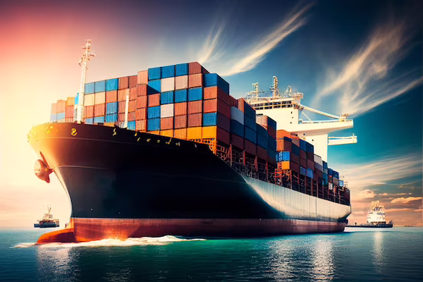 Container ship at a seaport representing Transworld's freight operations connected to Oracle Transportation Management by SDLC Corp's AI system