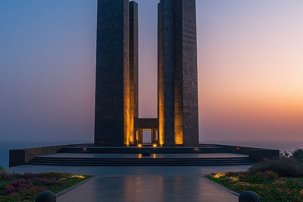 Capture the serene beauty of the Dakar Monument during sunset, showcasing magnificent architecture against a vibrant flower backdrop and ocean view.