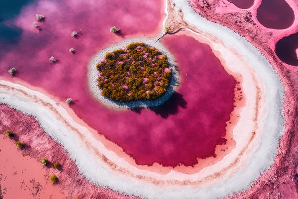aerial picture of Senegal's Lac Rose or Pink Lake Retba Drone taken aerial photo. African Natural Scenery. Generative AI