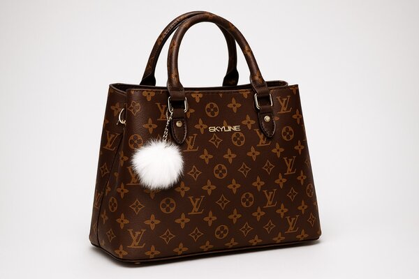 Stylish brown designer handbag with golden print