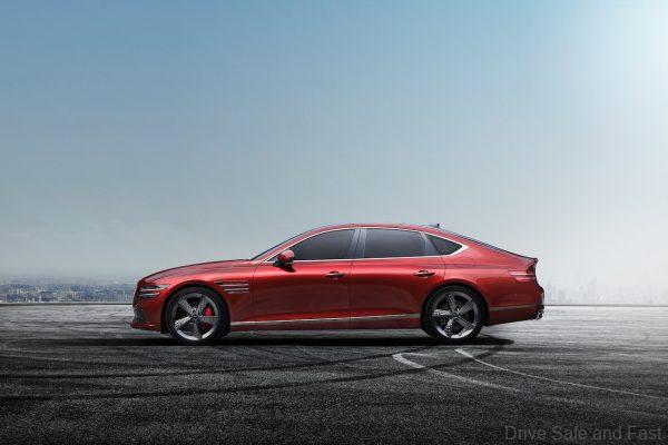 Genesis G80 Sport side profile against Shanghai city skyline and asphalt race track ground scenery,high angle view