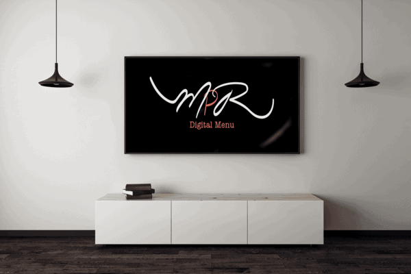 Digital menu on a TV screen displaying a stylized "MPR" logo in a modern living room setting.
