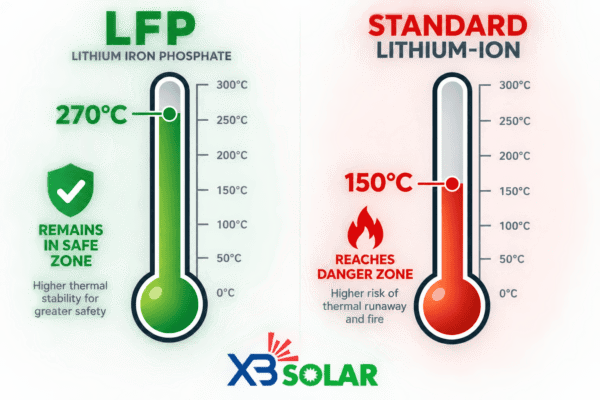 Pin LFP có ngưỡng chịu nhiệt (Thermal Runaway) lên tới 270°C, loại bỏ gần như hoàn toàn nguy cơ cháy nổ trong vận hành dân dụng.