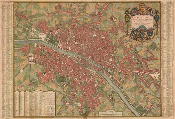 Museumkwaliteit reproductie van de oude kaart Parijs 1744 van Jean de Lagrive, met Parijs in zestien wijken.