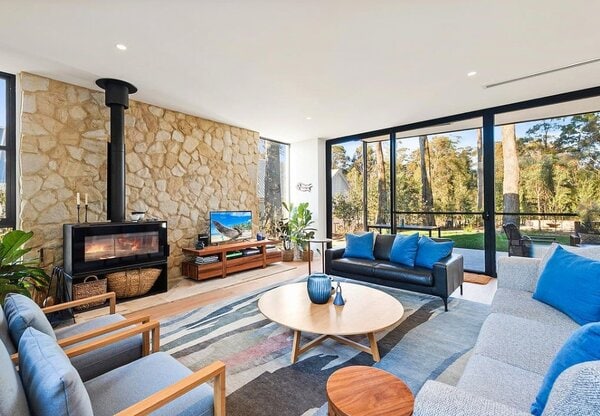 Banded irregular walling fireplace featured wall