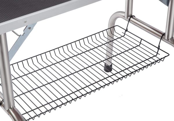 Pet grooming table with storage basket for grooming tools organization