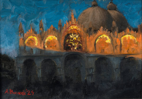 Original oil painting of St. Mark's Basilica in Venice, Italy, glowing in warm evening light beneath a deep blue sky, by Andrea Bocedi.