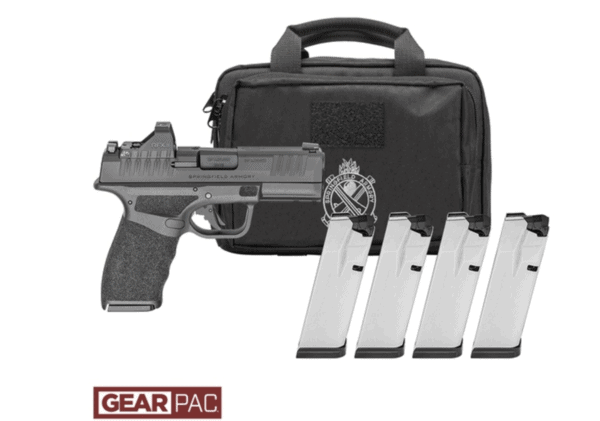 Semi-automatic handgun with four magazines and a black GearPac carrying case (logo visible).