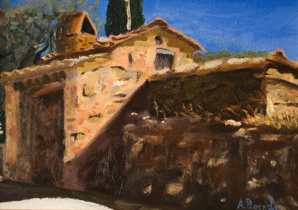 Original Tuscan oil painting showing a rustic stone oven and sunlit Italian architecture under a blue sky