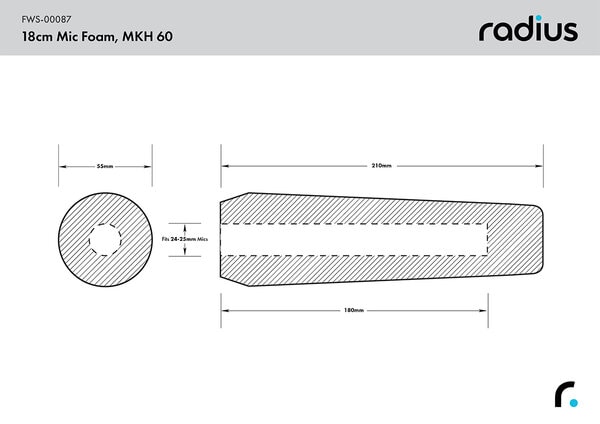 Technical dimensions diagram showing 18cm length and 24-25mm diameter specifications for MKH60 foam windshield
