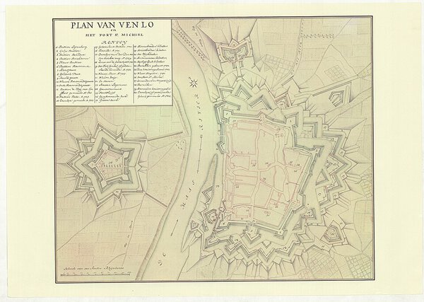 Museumkwaliteit reproductie van de oude kaart Venlo 1751, het plan van Venlo en het Fort Sint Michiel door de familie Hattinga.