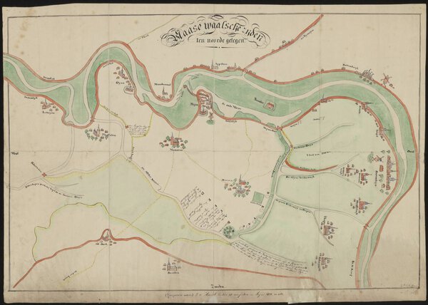 Museumkwaliteit reproductie van de oude kaart Maas 1728 met de rivier van beneden Grave tot Lithoijen.