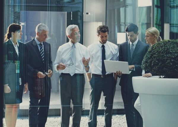Businesspeople in a commercial business lobby