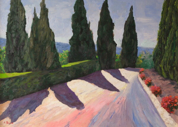 Original Tuscan landscape oil painting of the iconic cypress tree alley near Pienza, Tuscany, Italy, by Andrea Bocedi.