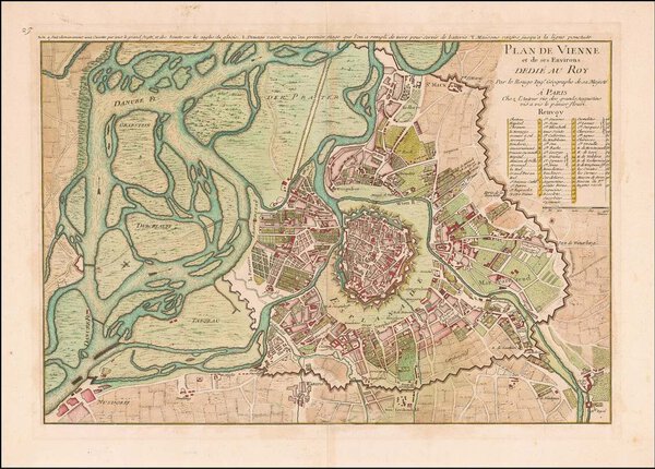 Museumkwaliteit reproductie van de oude kaart Wenen 1740 van Georges-Louis Le Rouge, de keizerstad aan de Donau.