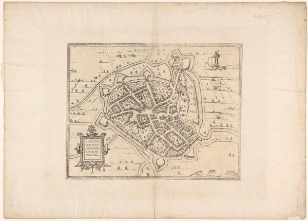 Museumkwaliteit reproductie van de oude kaart Aalst 1588, de plattegrond Alostum van Braun en Hogenberg.