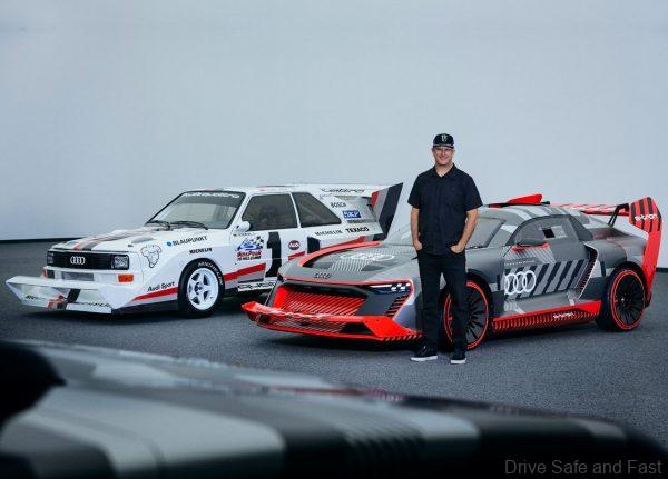 ken block poses with Audi S1 e-tron quattro Hoonitron