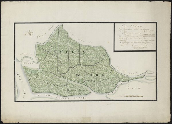 Museumkwaliteit reproductie van de oude kaart Muggenwaard 1786, de handgetekende kaart van de Muggenwaard en de Kievitswaard.