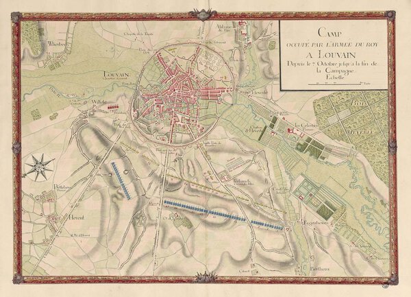 Museumkwaliteit reproductie van de oude kaart Leuven 1747, het kamp van het leger van de Franse koning bij Louvain.