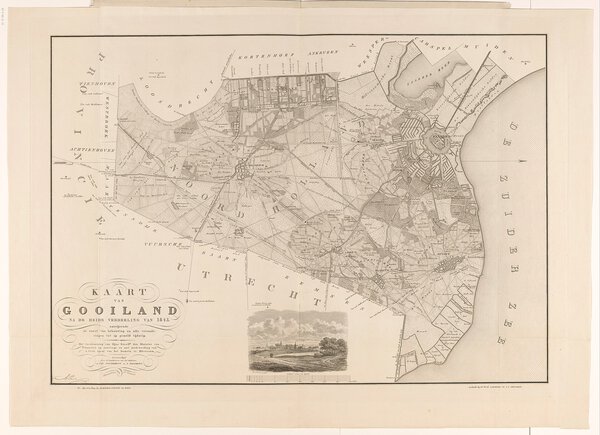 Museumkwaliteit reproductie van de oude kaart Gooi 1843, Gooiland na de heideverdeling van 1843.