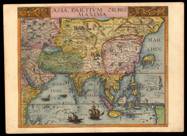 Museumkwaliteit reproductie van de oude kaart Azië 1593, Asia partium orbis maxima, uit het Speculum Orbis Terrae van De Jode.