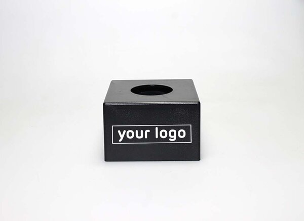 Blank black square microphone flag cube with “your logo” placeholder, customizable mic cube for handheld interview microphones.