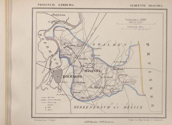 Museumkwaliteit reproductie van de oude kaart Maasniel 1867, de gemeente bij Roermond uit de atlas van Jacob Kuyper.