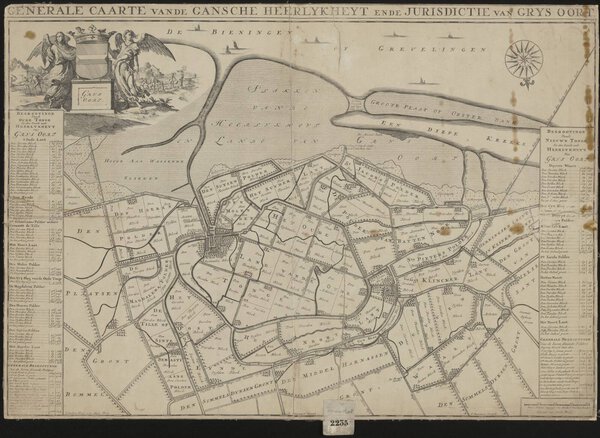 Museumkwaliteit reproductie van de oude kaart Grijsoord 1698, de heerlijkheid op Overflakkee, naar Jan Luyken.