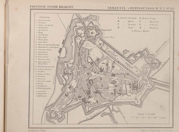 Museumkwaliteit reproductie van de oude plattegrond 's-Hertogenbosch 1865 uit de Gemeente-atlas van Nederland van Jacob Kuyper.