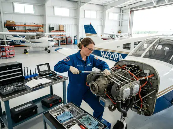 Aircraft maintenance inside the Prop Culture Aviation hangar